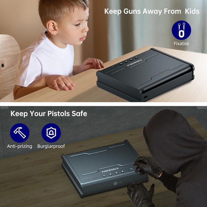 PINEWORLD Gun Safe,Biometric Gun Safe For Handgun, Pistol Safe With Fingerprint Backlit Keypad, Quick Access Handgun Safe for Firearm, Gun Lock Box With Interior Light For Nightstand Car - Image 4